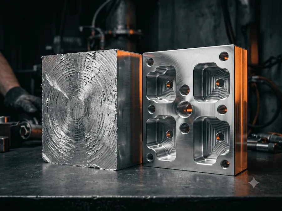 Aluminium-Rohblock neben fertig gefrästem Bauteil